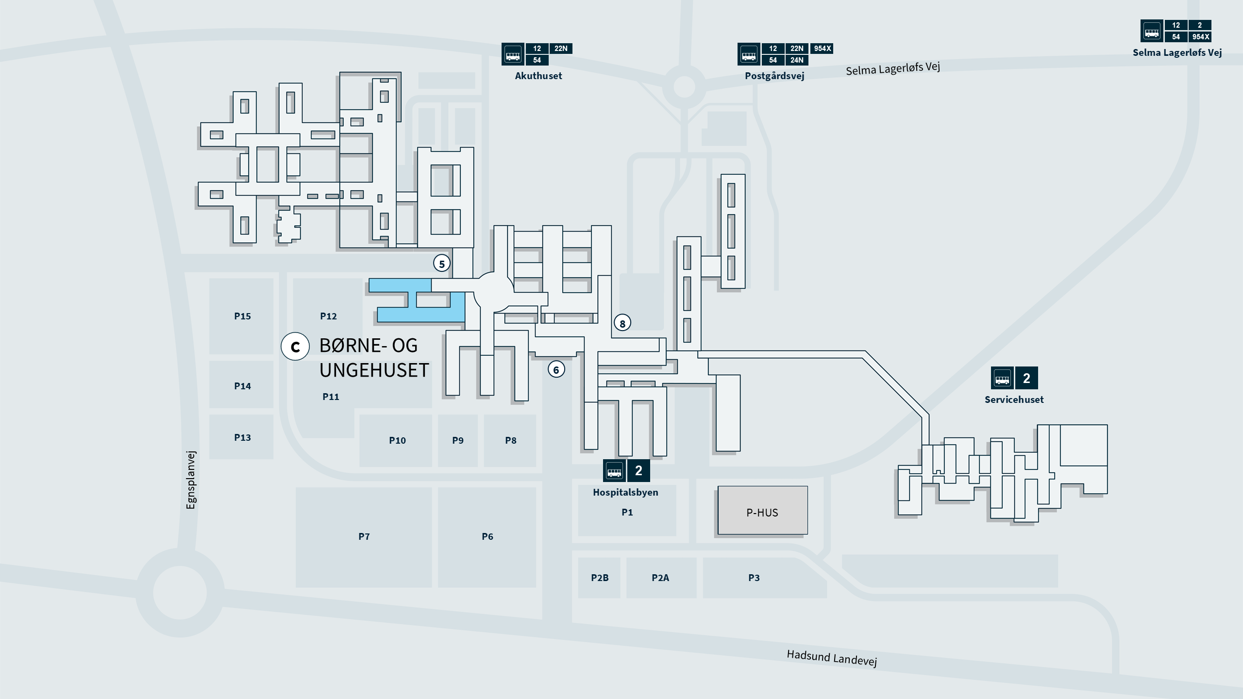 Kort over Hospitalsbyen med visning af Børne- og Ungehuset